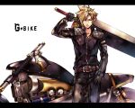  1boy belt biker_clothes bikesuit black_gloves black_jacket black_pants blonde_hair blue_eyes bodysuit buster_sword cloud_strife commentary english_text expressionless final_fantasy final_fantasy_vii gloves hand_in_pocket holding holding_sword holding_weapon jacket jewelry leather leather_jacket looking_to_the_side male_focus motor_vehicle motorcycle necklace official_alternate_costume over_shoulder pants simple_background solo spiked_hair sword sword_over_shoulder tama_(tmfy5) upper_body weapon weapon_over_shoulder white_background zipper 