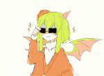  1girl blush demon_girl demon_wings funamusea green_hair haiiro_teien horns sakiroll single_horn smile sweater v wings yosafire_(haiiro_teien) 