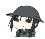  1girl black_eyes black_hair brodie_helmet chito_(shoujo_shuumatsu_ryokou) closed_mouth combat_helmet green_jacket grey_headwear hair_over_shoulder half-closed_eyes helmet hood hood_down hooded_jacket jacket long_hair looking_to_the_side low_twintails lowres shoujo_shuumatsu_ryokou sideways_glance simple_background solo transparent_background tsukumizu_yuu twintails upper_body 