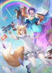  4girls ability_card_(touhou) absurdres alexzhang animal_ears bare_shoulders bird_wings black_hair black_shirt black_wings blonde_hair blue_dress blue_eyes blue_hair blush card cloak dress feathered_wings fox_ears fox_tail grey_hair hair_between_eyes hairband hat highres himemushi_momoyo holding holding_sword holding_weapon iizunamaru_megumu kudamaki_tsukasa long_hair long_sleeves multicolored_clothes multicolored_dress multicolored_hairband multiple_girls navel open_mouth patchwork_clothes pointy_ears rainbow rainbow_gradient red_eyes romper shirt short_hair sky_print smile sword tail tenkyuu_chimata thighhighs tokin_hat touhou weapon white_cloak white_romper white_thighhighs wings yellow_eyes 