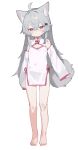  1girl absurdres ahoge animal_ears bandaid bandaid_on_knee bandaid_on_leg bare_shoulders barefoot blush china_dress chinese_clothes detached_sleeves dress expressionless fenrir_(fenriluuu) flat_chest full_body grey_hair highres long_hair looking_at_viewer original pink_eyes rir-chan simple_background solo tail white_background white_dress wolf_ears wolf_girl wolf_tail 