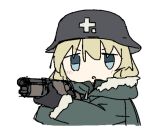  1girl aiming black_gloves blonde_hair blue_eyes combat_helmet fur-trimmed_jacket fur_trim gloves green_jacket grey_headwear gun helmet holding holding_gun holding_weapon hood hood_down hooded_jacket jacket long_sleeves looking_at_viewer lowres parted_lips shoujo_shuumatsu_ryokou simple_background solo stahlhelm transparent_background tsukumizu_yuu upper_body weapon yuuri_(shoujo_shuumatsu_ryokou) 