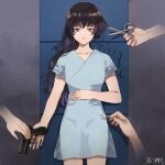  1girl asymmetrical_hair copyright_name cutting_hair dairoku_ryouhei disembodied_limb dress gown gun holding holding_gun holding_scalpel holding_weapon lilu_(tw) long_hair looking_at_viewer margarita_thompson mixed-language_commentary scalpel scissors short_sleeves weapon 