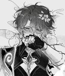  1boy ancient_greek_clothes blush crying crying_with_eyes_open dr._ratio_(honkai:_star_rail) eyeliner greco-roman_clothes greyscale hair_between_eyes half-closed_eyes highres honkai:_star_rail honkai_(series) jewelry makeup male_focus messy_hair monochrome oryunbunkosu pectoral_cleavage pectorals puff_of_air ring short_hair sweat sweatdrop tears 