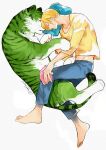  2boys absurdres animalization artist_name barefoot blue_pants book closed_eyes collarbone commentary cuddling curled_up curly_eyebrows english_commentary facial_hair full_body green_fur hand_on_another&#039;s_arm highres light_smile long_bangs male_focus multiple_boys one_piece pants pillow roronoa_zoro sanji_(one_piece) shirt short_hair short_sleeves simple_background sleeping stubble sweatpants t-shirt tiger white_background yellow_shirt yuu_shishio 