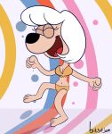 absurd_res anthro bikini breasts cleavage clothed clothing dancing exposed_stomach eyes_closed female fist hair hi_res invalid_background janey_poodle open_mouth solo sweet_polly_purebred swimwear white_hair