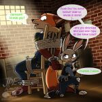 1:1 anthro barefoot bdsm bondage bound buckteeth canid canine chair chair_bondage clothing cuff_(restraint) dart_gun dialogue disney duo english_text feet female fox furniture hi_res jde10 judy_hopps kneeling lagomorph leporid male mammal nick_wilde on_one_knee police_uniform rabbit restraints rope rope_bondage shackles teeth text uniform zootopia