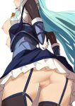  1girl blue_hair breasts censored commentary_request eiyuu_densetsu from_below garter_belt gloves highres kuro_no_kiseki long_hair medium_breasts morisobo mosaic_censoring nipples parted_lips pleated_skirt pussy risette_twinings simple_background skirt solo white_background white_gloves white_skirt 