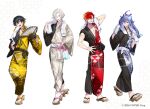  4boys :d ;d alternate_costume antenna_hair aqua_eyes aqua_hair bag black_gloves black_hair black_kimono black_sash blonde_hair blue_eyes bottle collarbone copyright_notice cosmetics crossed_bangs drying drying_hair earrings folding_fan full_body geta gloves grey_kimono grin hair_between_eyes hair_over_one_eye hand_fan hand_on_own_hip hitodama hizaki_gamma holding holding_bag holding_bottle holding_fan holostars japanese_clothes jewelry kimono long_hair long_sleeves looking_at_viewer low-tied_long_hair male_focus medium_hair minase_rio mismatched_earrings multicolored_hair multiple_boys nonomaro official_art one_eye_closed orange_hair pectoral_cleavage pectorals pink_hair purple_hair purple_kimono red_hair red_kimono sample_watermark sash seigaiha shippou_(pattern) short_hair sleeves_rolled_up smile standing streaked_hair tassel toned toned_male towel towel_around_neck towel_on_one_shoulder transparent_bag triangle_print two-tone_hair two-tone_kimono uproar_(holostars) utsugi_uyu virtual_youtuber water_bottle watermark white_background white_eyes white_hair white_sash yatogami_fuma yellow_eyes yellow_kimono yukata 