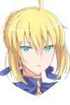  1girl ahoge aqua_eyes artoria_pendragon_(fate) blonde_hair blue_ribbon blue_shirt braid cleavage_cutout clothing_cutout commentary_request cropped_head crown_braid fate/stay_night fate_(series) hair_between_eyes hair_ribbon highres looking_at_viewer maru_hien parted_lips portrait ribbon saber_(fate) shirt simple_background solo white_background 