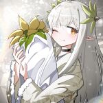  1girl ;p arknights black_choker blurry blurry_background blush bouquet brown_eyes choker closed_mouth depth_of_field flower fur-trimmed_sleeves fur_trim grey_hair grey_kimono hair_ornament highres hugging_object japanese_clothes kimono long_hair long_sleeves mole mole_under_eye muelsyse_(arknights) one_eye_closed pointy_ears smile solo spam_(spamham4506) tongue tongue_out upper_body very_long_hair wide_sleeves yellow_flower 