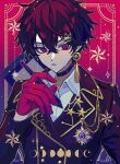  1boy absurdres black_coat black_hair brooch coat collared_shirt facing_viewer gloves haru4aki highres jewelry long_sleeves male_focus multicolored_hair open_mouth original red_eyes red_gloves red_hair shirt short_hair solo star_(symbol) white_shirt 