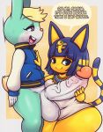  2022 animal_crossing ankha_(animal_crossing) anthro balls big_balls big_penis bottomless clothed clothing dialogue digital_media_(artwork) domestic_cat duo english_text felid feline felis female genitals hair hi_res huge_balls huge_penis humanoid_genitalia humanoid_penis lagomorph leporid male male/female mammal matospectoru nintendo open_mouth penis rabbit sasha_(animal_crossing) simple_background smile text vein video_games 