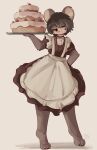 2024 absurd_res anthro barefoot cake clothed clothing dated dessert digital_media_(artwork) feet food fully_clothed fur hi_res holding_cake holding_food holding_object looking_at_viewer maid_uniform mammal mouse murid murine pose rodent signature simple_background smile solo standing tohupo uniform