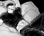  1boy abs arm_up bed blindfold feet_out_of_frame gojou_satoru groin jujutsu_kaisen lips lying male_focus muscular muscular_male navel nay_bb on_back pants pillow shirt short_hair short_sleeves skin_tight solo 
