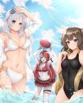  3girls absurdres ahoge anya_melfissa armpits arms_up ball beachball bikini blonde_hair blue_sky blunt_ends blush braid braided_bangs breasts brown_hair cloud colored_skin competition_swimsuit dutch_angle grey_skin hand_on_forehead highres hololive hololive_indonesia kureiji_ollie large_breasts long_hair looking_at_viewer medium_breasts medium_hair mismatched_pupils multicolored_hair multicolored_skin multiple_girls navel one-piece_swimsuit patchwork_skin pavolia_reine pink_hair plaid plaid_bikini popcornflakes purple_eyes red_hair sky smile stitched_arm stitched_face stitched_leg stitched_torso stitches swimsuit swimsuit_under_clothes symbol-shaped_pupils thigh_strap two-tone_skin very_long_hair virtual_youtuber wading white_bikini white_hair x-shaped_pupils zombie 