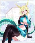  1girl absurdres alternate_costume ass black_gloves black_thighhighs blonde_hair breasts chinese_clothes cleavage dragon_horns dragon_tail earrings elbow_gloves feet_out_of_frame gloves highres horns jewelry kicchou_yachie large_breasts lattice looking_at_viewer navel open_mouth pointy_ears raptor7 red_eyes short_hair solo tail thighhighs touhou turtle_shell yellow_horns 