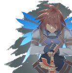  belt black_gloves brown_eyes brown_hair closed_mouth fingerless_gloves gloves glowing glowing_wings high_collar holding holding_sword holding_weapon kratos_aurion long_hair male_focus mi_be35_(mirin) multiple_wings official_alternate_costume spiked_hair sword tales_of_(series) tales_of_symphonia weapon wings 