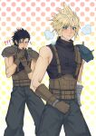  ! !! 2boys absurdres aqua_eyes armor baggy_pants bandaged_arm bandages belt black_hair blonde_hair blue_shirt blush brown_belt brown_gloves clenched_hand cloud_strife cowboy_shot final_fantasy final_fantasy_vii final_fantasy_vii_remake furrowed_brow gloves grey_pants hair_slicked_back hand_to_own_mouth highres male_focus messa_mo multiple_belts multiple_boys muscular muscular_male pants polka_dot polka_dot_background shirt shoulder_armor sideburns single_bare_shoulder single_shoulder_pad sleeveless sleeveless_turtleneck sparkle spiked_hair suspenders turtleneck walking wide-eyed yaoi zack_fair 