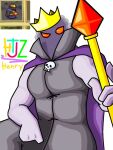 arm_resting bone cape clothing htjz-jhon humanoid kingdom_rush looking_at_viewer male monster one_leg_up purple raised_leg red_eyes shaded simple_background simple_coloring simple_lighting simple_shading skull skull_accessory solo staff vez&#039;nan_(kingdom_rush) violet_(disambiguation)