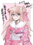  1girl antenna_hair blush bow closed_mouth danganronpa_(series) danganronpa_v3:_killing_harmony floral_print fur_collar hair_between_eyes hair_bow hair_bun iruma_miu japanese_clothes kimono long_hair pink_background pink_bow pink_kimono single_hair_bun smile solo translation_request xxx_eppyon 