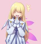  +++ 1girl blonde_hair blush choker closed_eyes colette_brunel dress gloves hair_between_eyes jewelry long_hair long_sleeves mi_be35_(mirin) open_mouth own_hands_together pink_background simple_background smile solo tales_of_(series) tales_of_symphonia white_dress white_gloves wings 