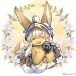  1other animal_ears blackcat_(blackcatbox) blush brown_fur commentary_request confetti fangs flower furry gift_art grey_hair hands_up helmet holding horizontal_pupils looking_at_viewer made_in_abyss multiple_sources nanachi_(made_in_abyss) open_mouth other_focus outside_border round_image smile solo teeth topless twitter_username upper_body upper_teeth watermark whiskers white_flower yellow_eyes 