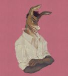 anthro anthrofied asinus black_hair clothed clothing crossed_arms donkey donkey_(shrek) dreamworks equid equine grin hair hi_res long_ears male mammal morapom pink_background shirt short_hair shrek_(series) signature simple_background smile solo topwear