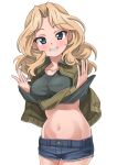  1girl absurdres black_shirt blonde_hair blue_eyes blue_shorts clothes_lift commentary cowboy_shot crossed_arms cutoffs denim denim_shorts girls_und_panzer grin hair_intakes helmet_(trailblazer003) highres jacket kay_(girls_und_panzer) lifted_by_self looking_at_viewer medium_hair navel open_clothes open_jacket saunders_military_uniform shirt shirt_lift short_shorts shorts simple_background smile solo standing white_background 