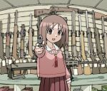  1girl aiming aiming_at_viewer ammunition anti-materiel_rifle azumanga_daioh azumanga_daioh&#039;s_school_uniform battle_rifle brown_eyes brown_hair finger_on_trigger gun handgun holding holding_gun holding_weapon kasuga_ayumu long_hair long_sleeves looking_at_viewer open_mouth pantsu-ripper rifle school_uniform scope serafuku shop skirt smile sniper_rifle solo weapon 