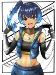  1girl absurdres blue_hair blue_jacket body_markings brown_eyes commentary crop_top cropped_jacket elbow_gloves eyelashes fiery_hair gloves glowing_lines highres jacket langspower midriff mixed-language_commentary navel open_clothes open_jacket open_mouth pouch sena_(xenoblade) short_hair smile solo teeth upper_teeth_only white_background xenoblade_chronicles_(series) xenoblade_chronicles_3 