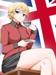  1girl black_skirt blonde_hair blue_eyes braid closed_mouth commentary crossed_legs cup darjeeling_(girls_und_panzer) english_commentary flag_background girls_und_panzer gomi_ningen_(81848656) highres holding holding_cup holding_saucer jacket long_sleeves looking_at_viewer military_uniform miniskirt on_chair pleated_skirt red_jacket saucer short_hair skirt smile solo st._gloriana&#039;s_military_uniform teacup uniform union_jack wooden_chair 