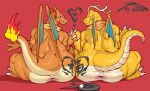 anus butt charizard claws dragonite duo generation_1_pokemon hand_holding hi_res male male/male nintendo nude orange_body pokemon pokemon_(species) rear_view red_background reptile scalie scarf simple_background slightly_chubby wings zi_ran