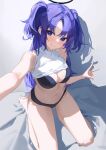  1girl absurdres barefoot black_bra black_panties blue_archive blush bra breasts cleavage closed_mouth clothes_lift from_above halo hido88 highres large_breasts long_hair mechanical_halo panties purple_eyes purple_hair shirt shirt_lift smile solo toes two_side_up underwear v white_shirt yuuka_(blue_archive) 