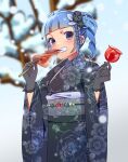  1girl ange_serena bare_tree blue_eyes blue_hair blunt_bangs blurry blush candy_apple drill_hair eating floral_print floral_print_kimono flower food furisode gloves hair_flower hair_ornament high_ponytail highres holding holding_food ikayaki japanese_clothes kimono lace lace_gloves looking_at_viewer mi_be35_(mirin) multiple_girls ponytail short_hair smile snowing solo tales_of_(series) tales_of_innocence tree 