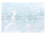 1girl between_legs bird blue_theme border closed_eyes dress hand_between_legs highres kneeling lake no_mouth original outdoors reflection reflective_water sky solo swan tensen traditional_media tree white_border white_dress 