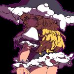  1girl ass bags_under_eyes black_background black_dress black_headwear blonde_hair breasts closed_mouth commentary_request cookie_(touhou) cowboy_shot dress expressionless from_behind hat highres kirisame_marisa large_breasts long_hair looking_at_viewer looking_back mars_(cookie) messy_hair outline panties pink_outline ringed_eyes shirt short_dress simple_background sleeveless sleeveless_dress solo tonchamon_san touhou underwear very_long_hair white_panties white_shirt witch_hat wrist_cuffs yellow_eyes 