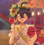  1boy :d black_hair blurry blurry_background blush candy_apple closed_eyes colored_inner_hair commentary_request crossed_bangs facing_viewer festival food hair_between_eyes hairband holding incoming_food kieran_(pokemon) male_focus mask mask_on_head morihayashi multicolored_hair night open_mouth outdoors pokemon pokemon_sv shirt short_sleeves smile solo strap white_shirt yellow_hairband 