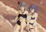  2girls absurdres arm_support beach bikini birthday black_bikini blue_bikini breasts chinese_commentary closed_eyes closed_mouth collarbone crab dual_persona fu_hua fu_hua_(herrscher_of_sentience) grey_hair hair_between_eyes highres holding_hands honkai_(series) honkai_impact_3rd knee_up lienai9 long_hair looking_up midriff multicolored_hair multiple_girls navel on_floor open_clothes open_shirt outdoors red_eyes shirt sitting small_breasts starfish streaked_hair swimsuit thigh_strap waves white_shirt white_sleeves 