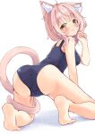  1girl animal_ears ass bare_arms bare_legs bare_shoulders barefoot black_one-piece_swimsuit blush breasts brown_eyes cameltoe cat_ears cat_girl cat_tail closed_mouth commentary_request from_behind hand_up highres manabe_mana medium_breasts old_school_swimsuit one-piece_swimsuit original pink_hair school_swimsuit shadow simple_background soles solo swimsuit tail wavy_mouth white_background 