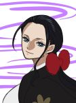  1girl black_hair blue_eyes close-up commentary_request hair_ribbon haori highres inu_draw japanese_clothes looking_at_viewer looking_back nico_robin one_piece ponytail red_ribbon ribbon sidelocks simple_background smile solo 