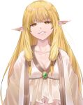  1girl blonde_hair breasts brooch collarbone ear_bar ear_piercing elf evil_smile gem green_gemstone hair_tubes highres jewelry large_breasts navel piercing pointy_ears serie_(sousou_no_frieren) smile solo sousou_no_frieren uyufuzi_s white_background yellow_eyes 