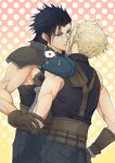  2boys absurdres aqua_eyes armor belt black_hair blonde_hair blue_shirt brown_belt brown_gloves cloud_strife cowboy_shot final_fantasy final_fantasy_vii final_fantasy_vii_remake gloves grey_pants hair_slicked_back heart highres kiss looking_at_another male_focus messa_mo multiple_belts multiple_boys pants parted_lips polka_dot polka_dot_background shirt shoulder_armor sideburns single_bare_shoulder single_shoulder_pad sleeveless sleeveless_turtleneck spiked_hair spoken_heart suspenders turtleneck yaoi zack_fair 