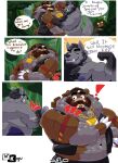 absurd_res anthro ape bear belly brown_body brown_fur brown_hair canid canine canis collar comic detailed_background duo english_text flexing flexing_bicep fur generation_8_pokemon grey_body grey_fur grey_hair hair haplorhine hi_res kofu_grizzly_chubby male male/male mammal musclegut muscular nintendo nipples overweight pokemon pokemon_(species) primate rillaboom smile smirk text ursaluna ursine wolf
