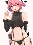  1boy astolfo_(fate) blush bow braid detached_sleeves fang fate/apocrypha fate/grand_order fate_(series) hair_bow hair_ribbon highres knomico long_hair looking_at_viewer male_focus meme_attire multicolored_hair navel open_mouth otoko_no_ko panties pink_hair ribbed_sleeves ribbon single_braid solo sweater turtleneck underwear virgin_destroyer_sweater 