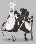 2023 anthro apron bell bell_collar black_body black_fur black_hair bottomwear bovid caprine clothed clothing collar digital_media_(artwork) duo female full-length_portrait fur goat gun hair hi_res horizontal_pupils horn kikurage long_hair maid_uniform mammal musket portrait pupils ranged_weapon skirt standing uniform weapon whip white_body white_fur white_hair