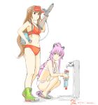  2girls bangs bikini blunt_bangs brown_eyes brown_hair curvadosdunas faucet green_eyes green_footwear hair_flaps hair_ribbon helena_(kancolle) kantai_collection long_hair multiple_girls official_alternate_costume pink_hair ponytail red_bikini red_headwear ribbon shoes simple_background sneakers squatting standing swimsuit very_long_hair visor_cap water_gun white_background white_bikini yura_(kancolle) 