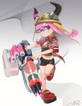  1girl bike_shorts breasts cleavage commentary commission cropped_shirt fake_horns full_body glasses grey_background heavy_edit_splatling_(splatoon) helmet highres holding holding_weapon horned_headwear horns inkling_girl inkling_player_character long_hair midriff navel open_clothes open_shirt pink_hair print_shirt puchiman purple-framed_eyewear red_eyes red_footwear red_shirt shirt signature smile solo splatoon_(series) splatoon_3 standing standing_on_one_leg teeth tentacle_hair v-shaped_eyebrows weapon 