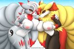 9_tails anthro bandai_namco big_breasts breast_grab breast_squish breasts brown_body brown_fur canid canine delphox diamondstorm digimon digimon_(species) duo female fox fur generation_5_pokemon generation_6_pokemon genitals grey_body grey_fur hand_on_breast hi_res hisuian_form hisuian_zoroark hybrid leaning leaning_forward looking_at_viewer mammal markings multi_tail multicolored_body multicolored_fur nintendo nipples nude pokemon pokemon_(species) pussy red_body red_eyes red_fur regional_form_(pokemon) renamon squish tail thick_thighs white_body white_fur wide_hips yellow_body yellow_eyes yellow_fur zoroark