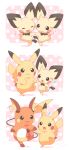  :3 :d black_eyes closed_eyes closed_mouth commentary_request flying_sweatdrops hair_tuft highres holding_hands jippe leg_up musical_note no_humans open_mouth pichu pikachu pokemon pokemon_(creature) raichu smile tongue 